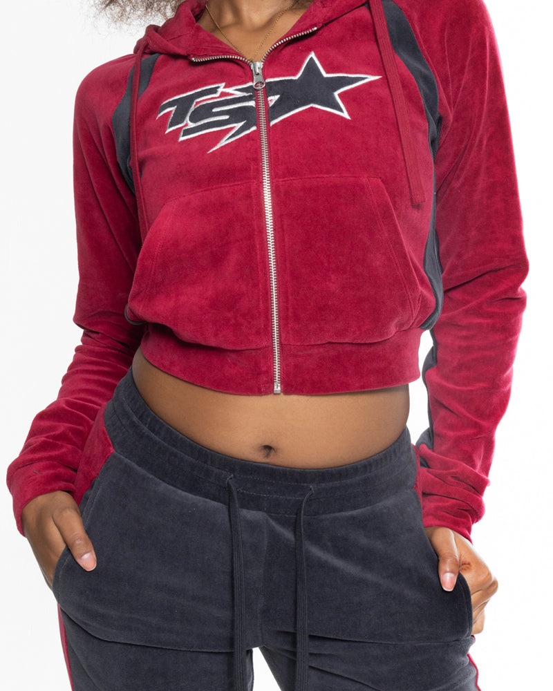 Trapstar TS- Star Contrast Panel Velour Hoodie Burgundy | THGI56234